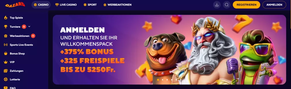 Dazard Casino – Bis zu 5.250 € Bonus und 325 Freispiele sichern